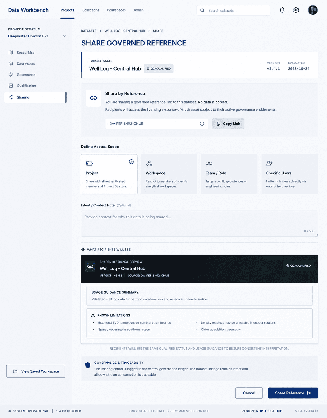 Data Workbench — governed reference sharing screen